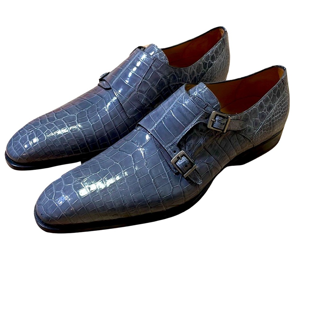 Mezlan Blue Crocodile Pattern Double Buckle Oxfords